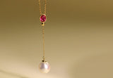 Red Tourmaline & 8mm Akoya Pearl Necklace - 18K Yellow Gold