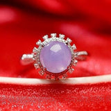Purple Violet Jade Cabochon 18K Gold Ring with Full Diamond Pave