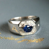 Blue Sapphire & Diamond Signet 18K Gold Ring - Classic Men’s Edition