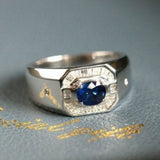 Blue Sapphire & Diamond Signet 18K Gold Ring - Classic Men’s Edition