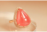 16ct Rhodochrosite Teardrop-Shape Halo Diamonds Ring in 18K Gold