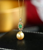 11mm Golden South Sea Pearl & Emerald Necklace in 18K Yellow Gold