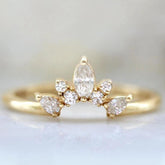 Curved Marquise Cut Diamond Ring - 14K Gold Chevron Band