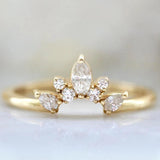 Curved Marquise Cut Diamond Ring - 14K Gold Chevron Band