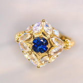 Blue Sapphire & Moonstone 18K Gold Ring with Diamonds