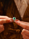 Emerald & Diamond Halo Pave Ring in 18K White Gold