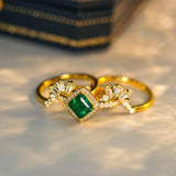 Art Deco Design Emerald 18K Engagement Stackable Ring with Diamonds