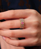 Padparadscha Pink Sapphire Ring - 18K Gold Honeycomb Detailing