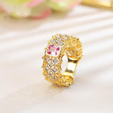 Padparadscha Pink Sapphire Ring - 18K Gold Honeycomb Detailing