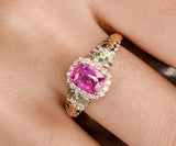1.18ct Purple Sapphire Halo Diamonds Engraved Ring in 18K Gold