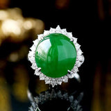 Huge Green Jade Cabochon Halo Diamonds 18K Ring & Necklace