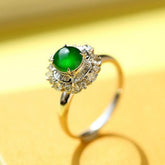 Art Deco Green Jade and Full Diamond Pave Ring in 18K White Gold