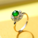 Art Deco Green Jade and Full Diamond Pave Ring in 18K White Gold
