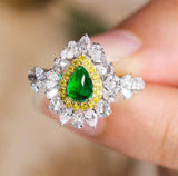 Emerald Cabochon Cut & Double Halo Diamond Ring in 18K White Gold