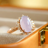 Purple Jade Oval Shape & Cluster Diamond Ring in 18K Yellow Gold