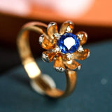 Engraved Flower Ring with Blue Sapphire - 18K Yellow Gold