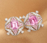 Sparkly Pink Sapphire Platinum 950 Earrings with Cluster Diamonds