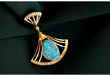 Blue Opal Diamond Fan Shape Pendant - 18K Yellow Gold