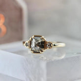 1.3ct Emerald Cut Salt and Pepper Diamond 18K Gold Engagement Ring