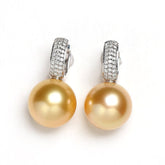 12mm Golden South Sea Pearl & Diamond Earrings - 18K Yellow Gold