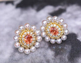 Sunset Color Sapphire 18K Studs Earrings with Halo Baby Pearls