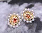 Sunset Color Sapphire 18K Studs Earrings with Halo Baby Pearls