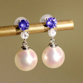 Tanzanite & 8mm Akoya Pearl Earrings with Diamonds in 18K Gold