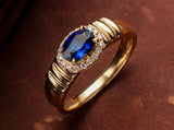 Engraved Style Blue Sapphire Horizontal 18K Gold Ring with Diamonds