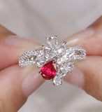 Cluster White Diamonds with Pear Ruby Platinum 950 Ring