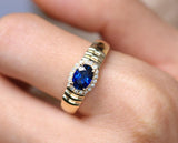 Engraved Style Blue Sapphire Horizontal 18K Gold Ring with Diamonds