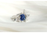 Flower Diamonds Ring with Blue Sapphire - 18K White Gold