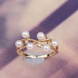 Six Akoya Pearl Cluster 18K Gold Ring with Diamond