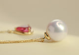 8mm Akoya Pearl Necklace with Rubellite Teardrop – 18K Yellow Gold