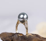 11mm Silver-Grey Tone Tahitian Pearl & Diamonds Ring in 18K Yellow Gold