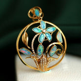 Blue Opal and Diamond Flower Necklace - 18K Yellow Gold