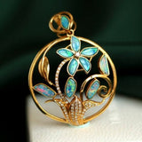Blue Opal and Diamond Flower Necklace - 18K Yellow Gold