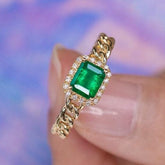 Zambia Emerald Halo Diamond 18K Gold Cuba Chain Ring