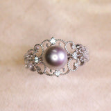 High Luminous Akoya Pearl Ring with Diamonds in 18K White Gold