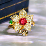 Flower Jedi Red Spinel 18K Gold Ring & Tsavorite