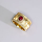 Stunning Ruby & Diamond 18K Gold Wire Brushed Finish Ring