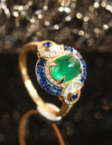1.7ct Emerald Cabochon & Sapphire Art Deco Ring in 18K Yellow Gold