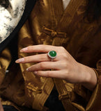 Huge Green Jade Cabochon Halo Diamonds 18K Ring & Necklace