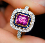 1.52ct Purple Blue Sapphire 18K Gold Ring with Double Halo Diamonds