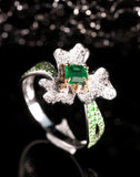 Flower Shape Emerald & Full Diamond Pave Ring in 18K White Gold