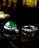 Huge Green Jade Cabochon Halo Diamonds 18K Ring & Necklace