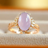 Purple Jade Oval Shape & Cluster Diamond Ring in 18K Yellow Gold