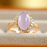 Purple Jade Oval Shape & Cluster Diamond Ring in 18K Yellow Gold