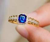Emerald Cut Blue Sapphire & Diamonds Ring in 18K Yellow Gold