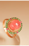 6.5ct Rhodochrosite Cabochon Cut & Halo Tourmaline Ring in 18K Gold