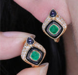 Art Deco Design Emerald Sapphire 18K Yellow Gold Earrings